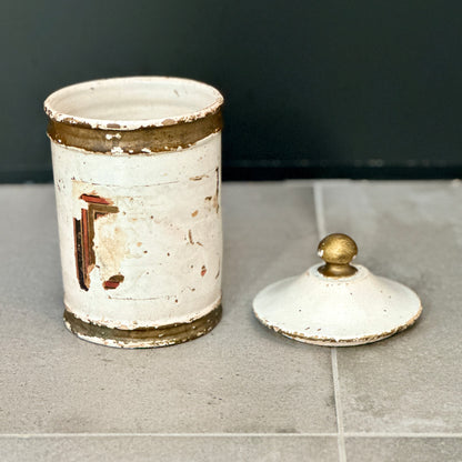 Pot à pharmacie en faïence avec couvercle décor blanc et doré - reliquat d'étiquette