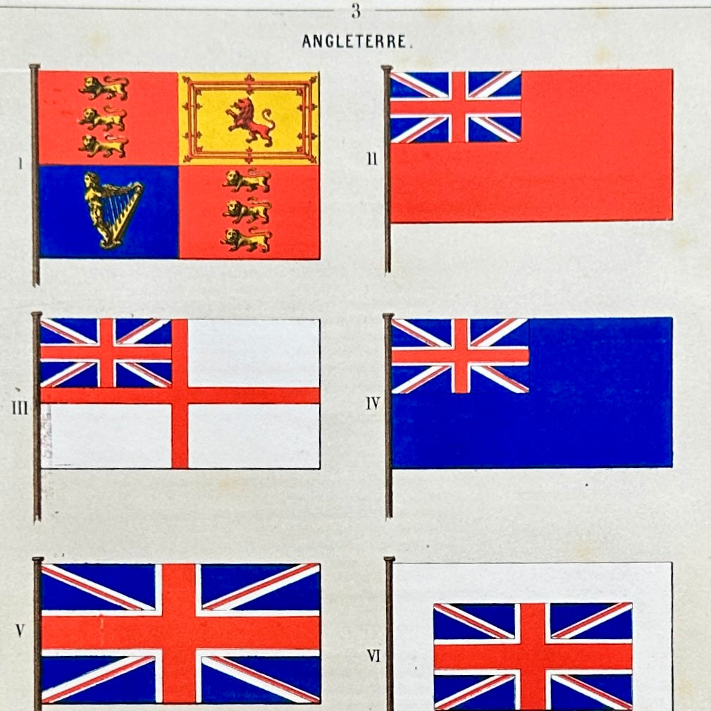 Chromolithographie - encadrée - Fanions et drapeaux de la Marine D'Angleterre du 19ème siècle