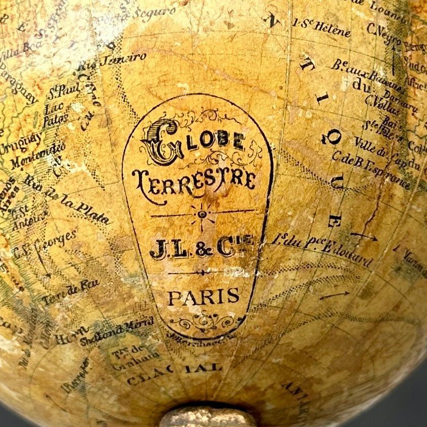 Globe Terrestre Ancien J.L & Cie 🌍 | Piètement Métal Doré | XIXᵉ siècle | 20,5 cm