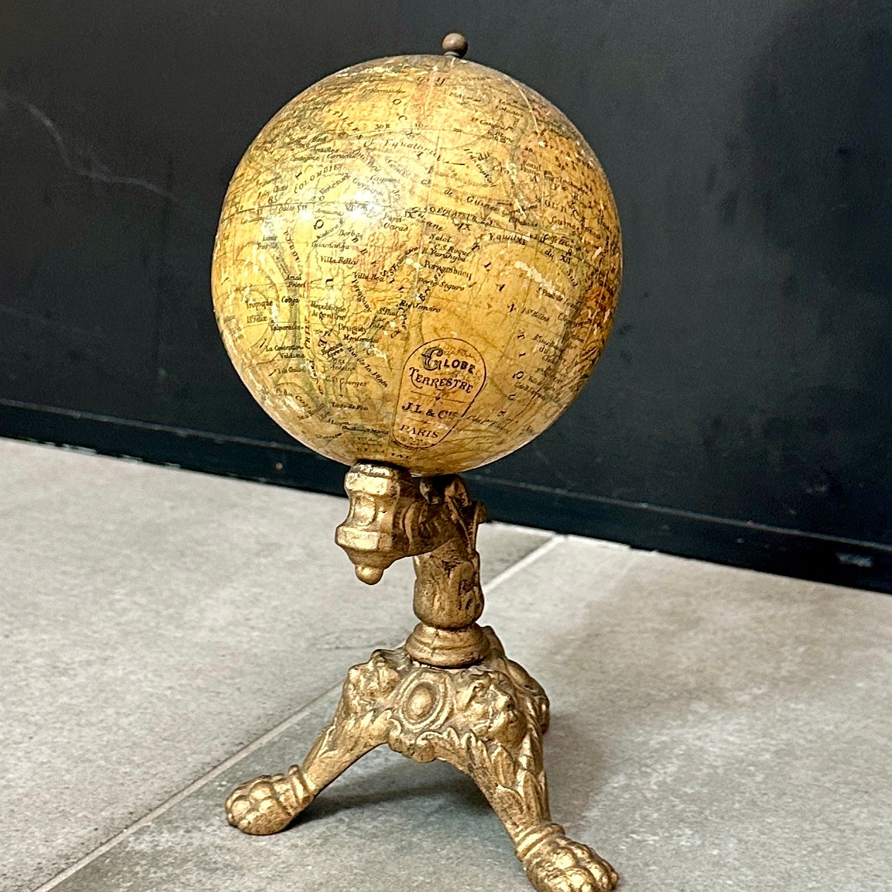 Globe Terrestre Ancien J.L & Cie 🌍 | Piètement Métal Doré | XIXᵉ siècle | 20,5 cm
