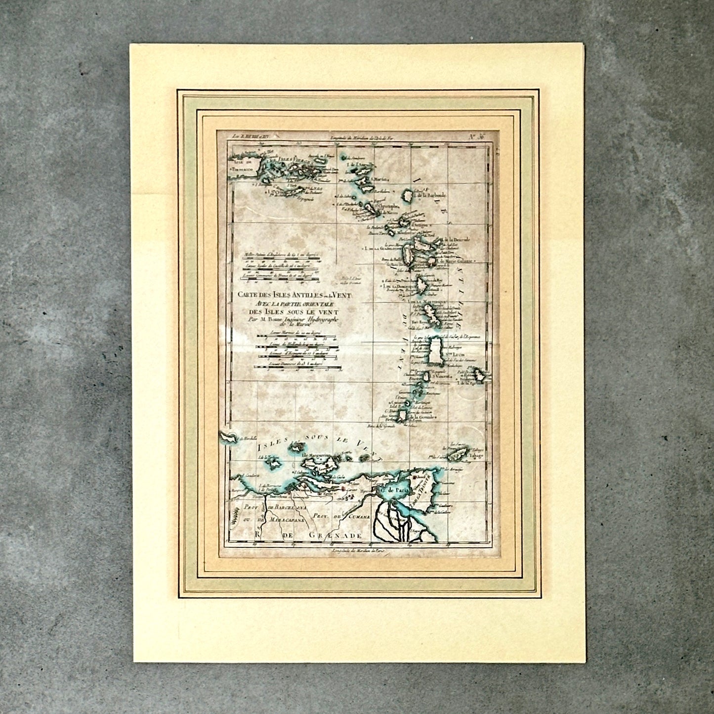 Carte aquarellée des Antilles - Gravure de 1785 - Réalisation de l’ingénieur hydrographe de la Marine, M. Bonne