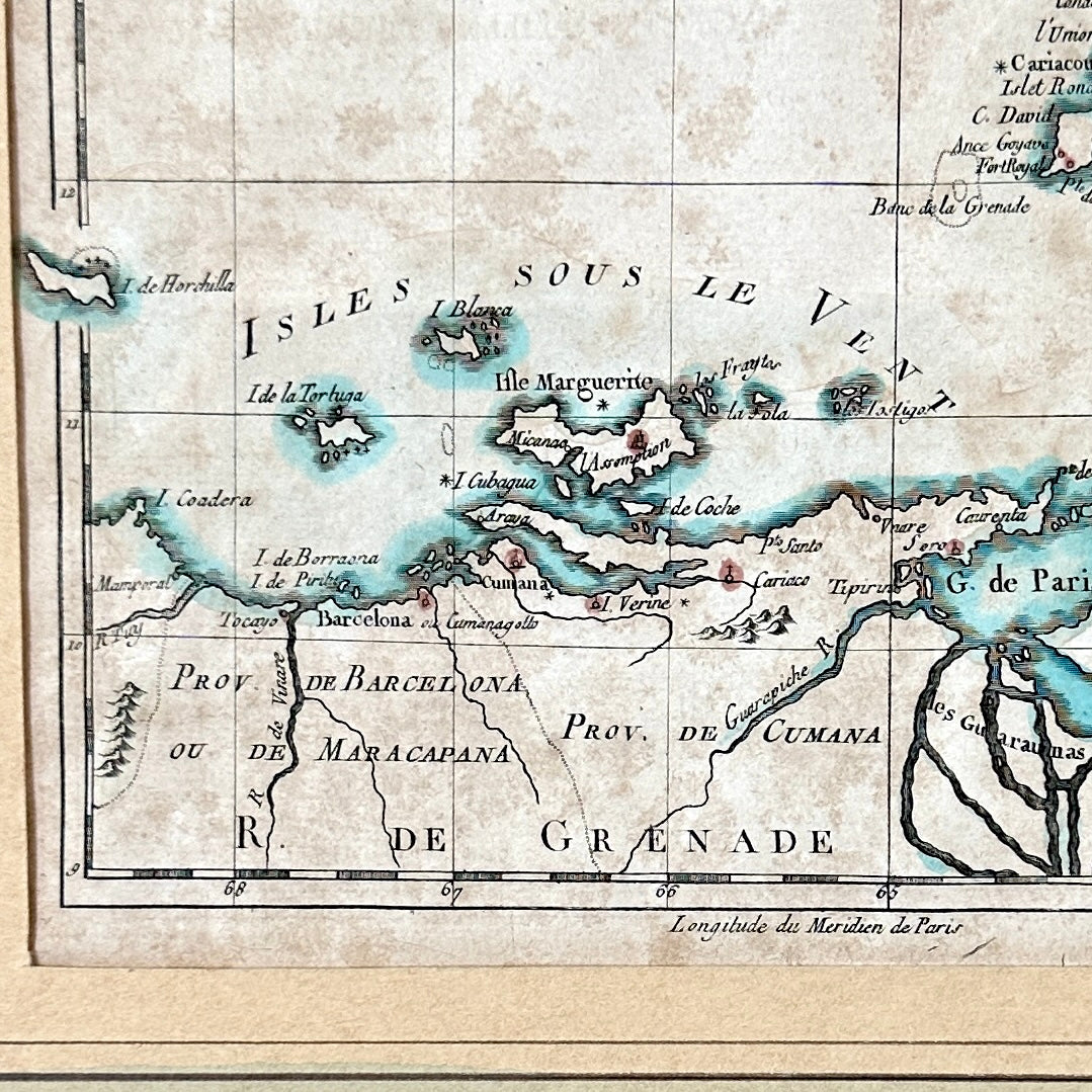 Carte aquarellée des Antilles - Gravure de 1785 - Réalisation de l’ingénieur hydrographe de la Marine, M. Bonne
