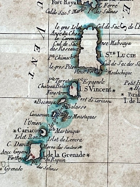 Carte aquarellée des Antilles - Gravure de 1785 - Réalisation de l’ingénieur hydrographe de la Marine, M. Bonne