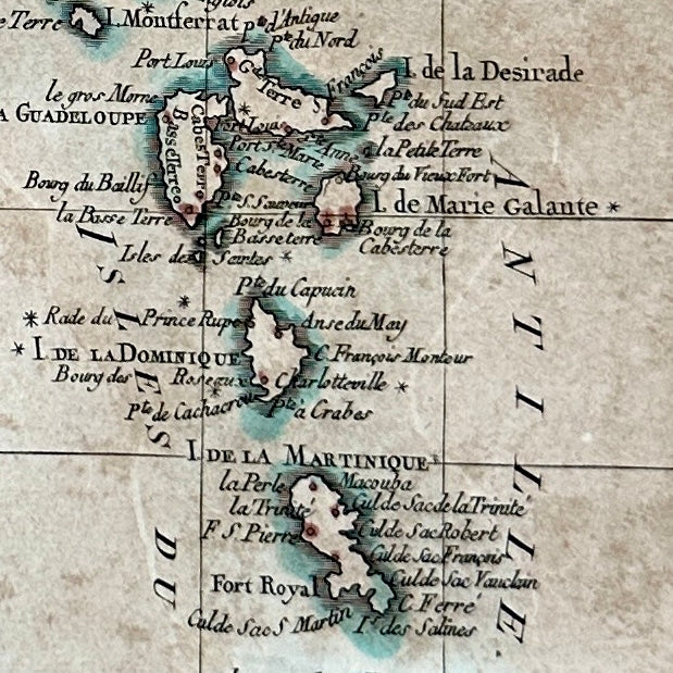 Carte aquarellée des Antilles - Gravure de 1785 - Réalisation de l’ingénieur hydrographe de la Marine, M. Bonne