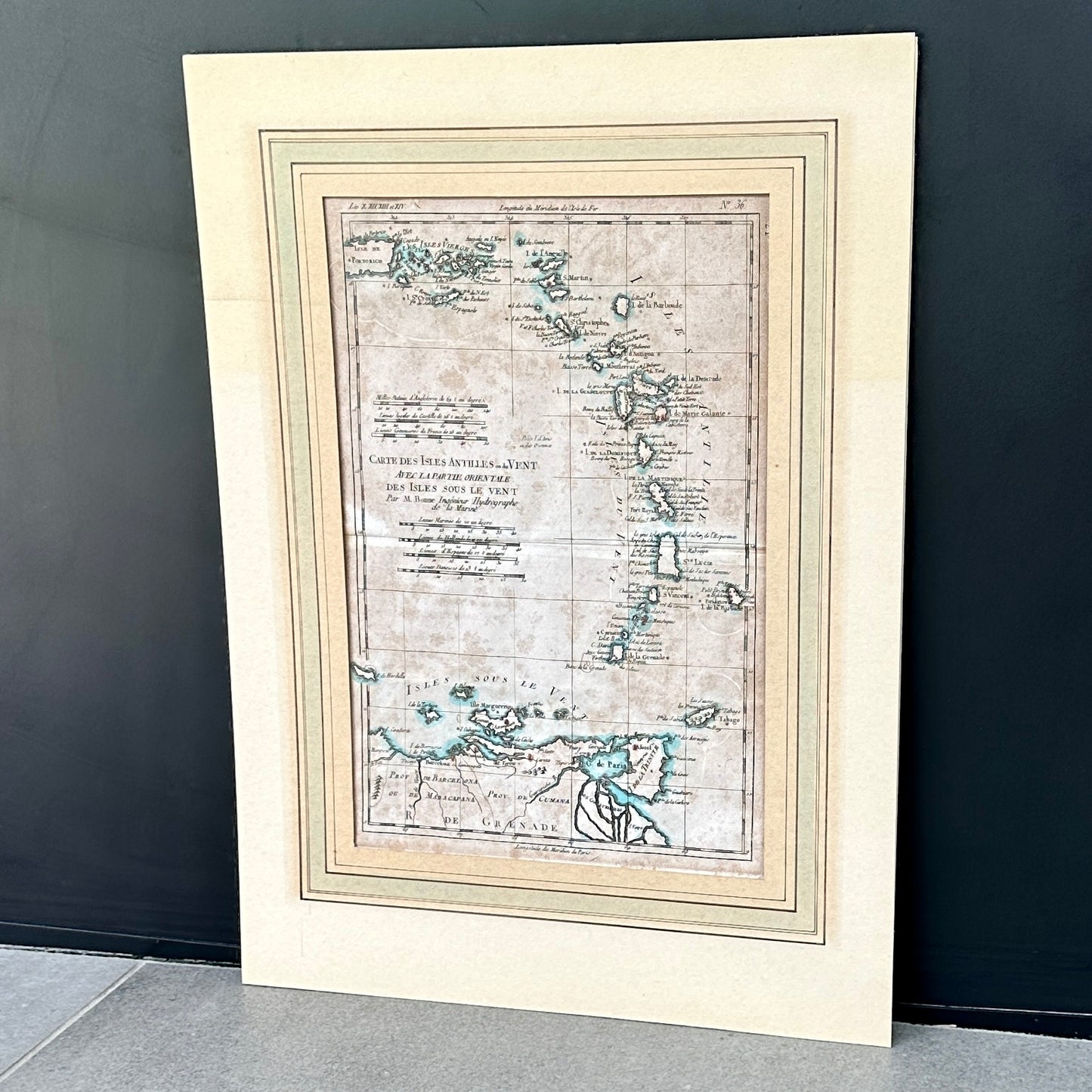 Carte aquarellée des Antilles - Gravure de 1785 - Réalisation de l’ingénieur hydrographe de la Marine, M. Bonne