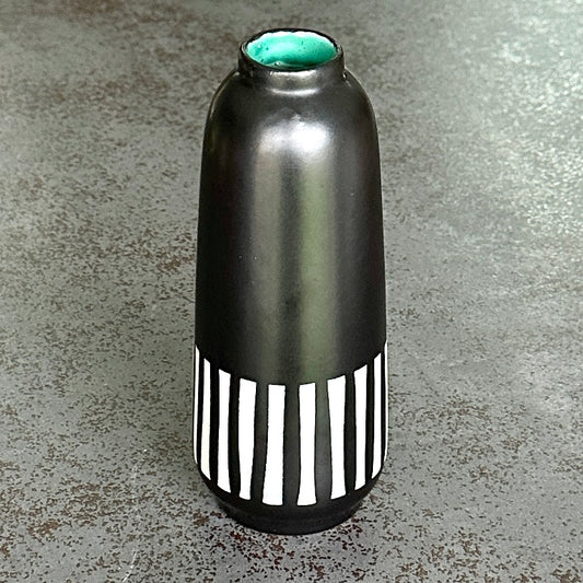 Vase en céramique Upsala Ekeby – Noir à motif rayé – Intérieur turquoise – 18 cm