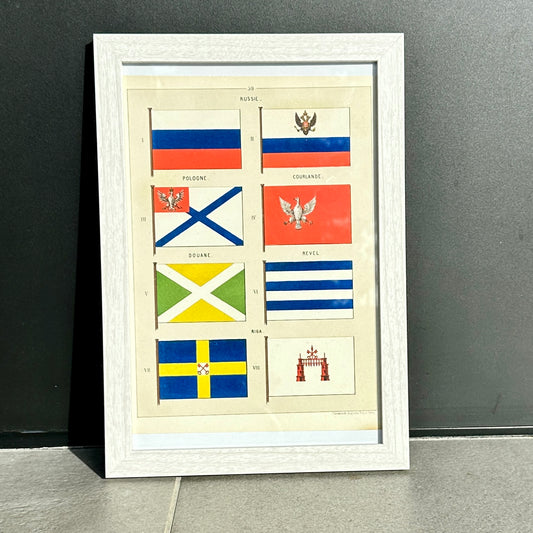Chromolithographie - encadrée - Fanions et drapeaux de la Marine Russe du 19ème siècle