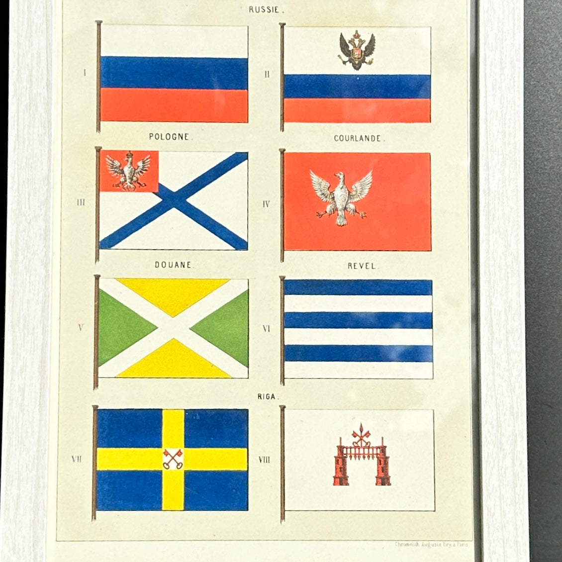 Chromolithographie - encadrée - Fanions et drapeaux de la Marine Russe du 19ème siècle