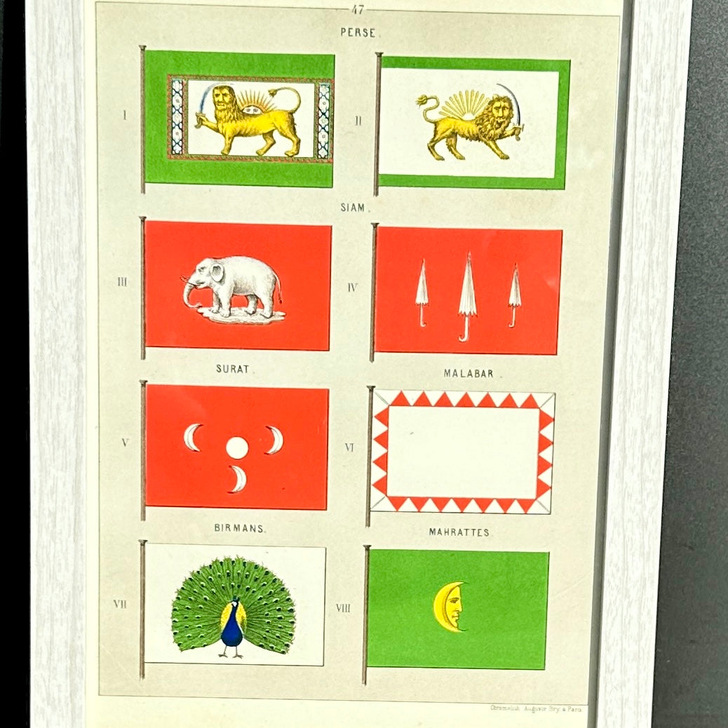 Chromolithographie - encadrée - Fanions et drapeaux de la Marine de la Perse, du Siam et divers territoires du 19ème siècle