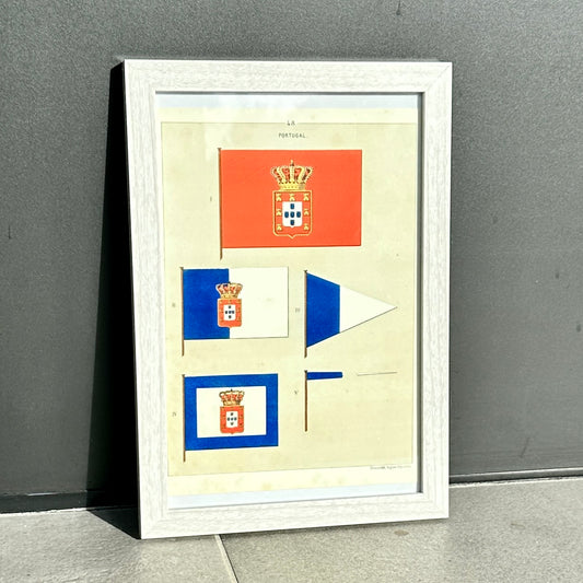 Chromolithographie - encadrée - Fanions et drapeaux de la Marine du Portugal du 19ème siècle