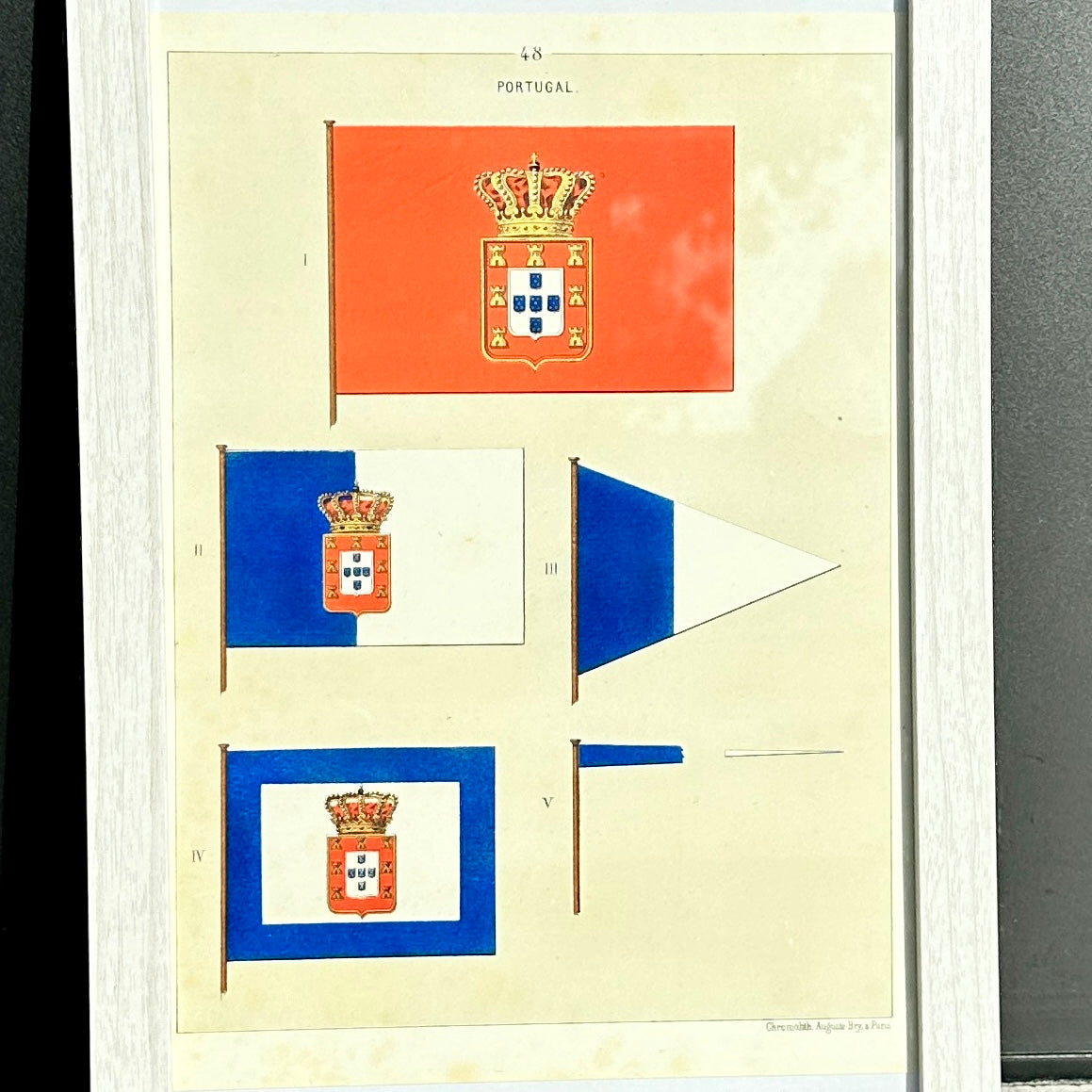 Chromolithographie - encadrée - Fanions et drapeaux de la Marine du Portugal du 19ème siècle