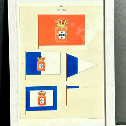 Chromolithographie - encadrée - Fanions et drapeaux de la Marine du Portugal du 19ème siècle