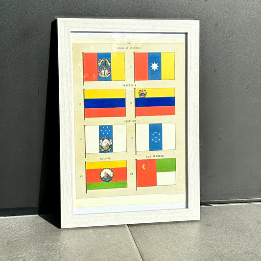Chromolithographie - encadrée - Fanions et drapeaux de la Marine de Pays d’Amérique du Sud du 19ème siècle