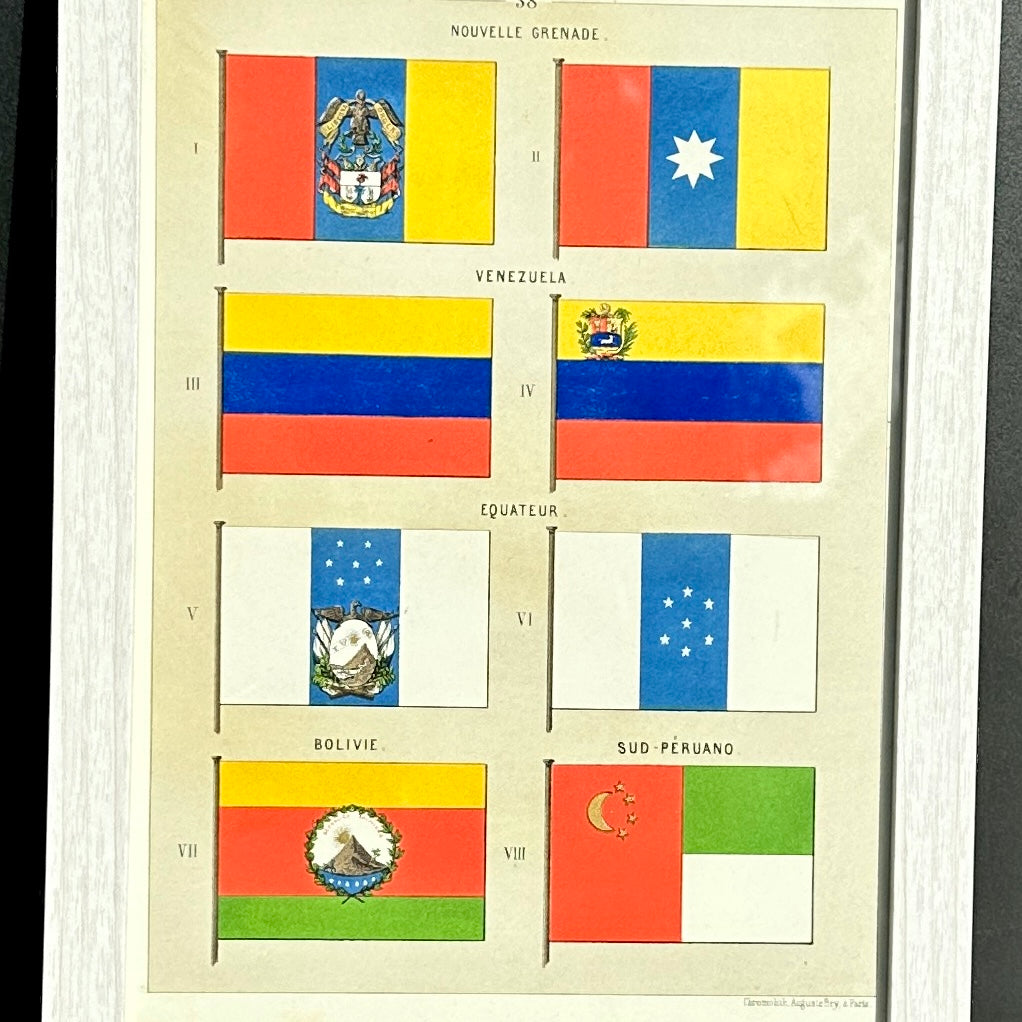 Chromolithographie - encadrée - Fanions et drapeaux de la Marine de Pays d’Amérique du Sud du 19ème siècle