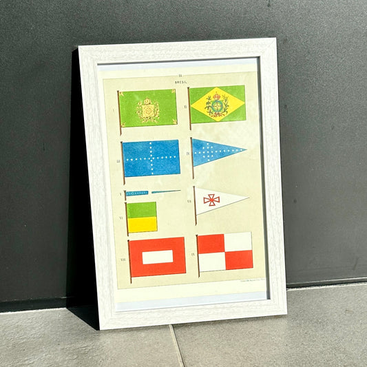 Chromolithographie - encadrée - Fanions et drapeaux de la Marine du Brésil du 19ème siècle