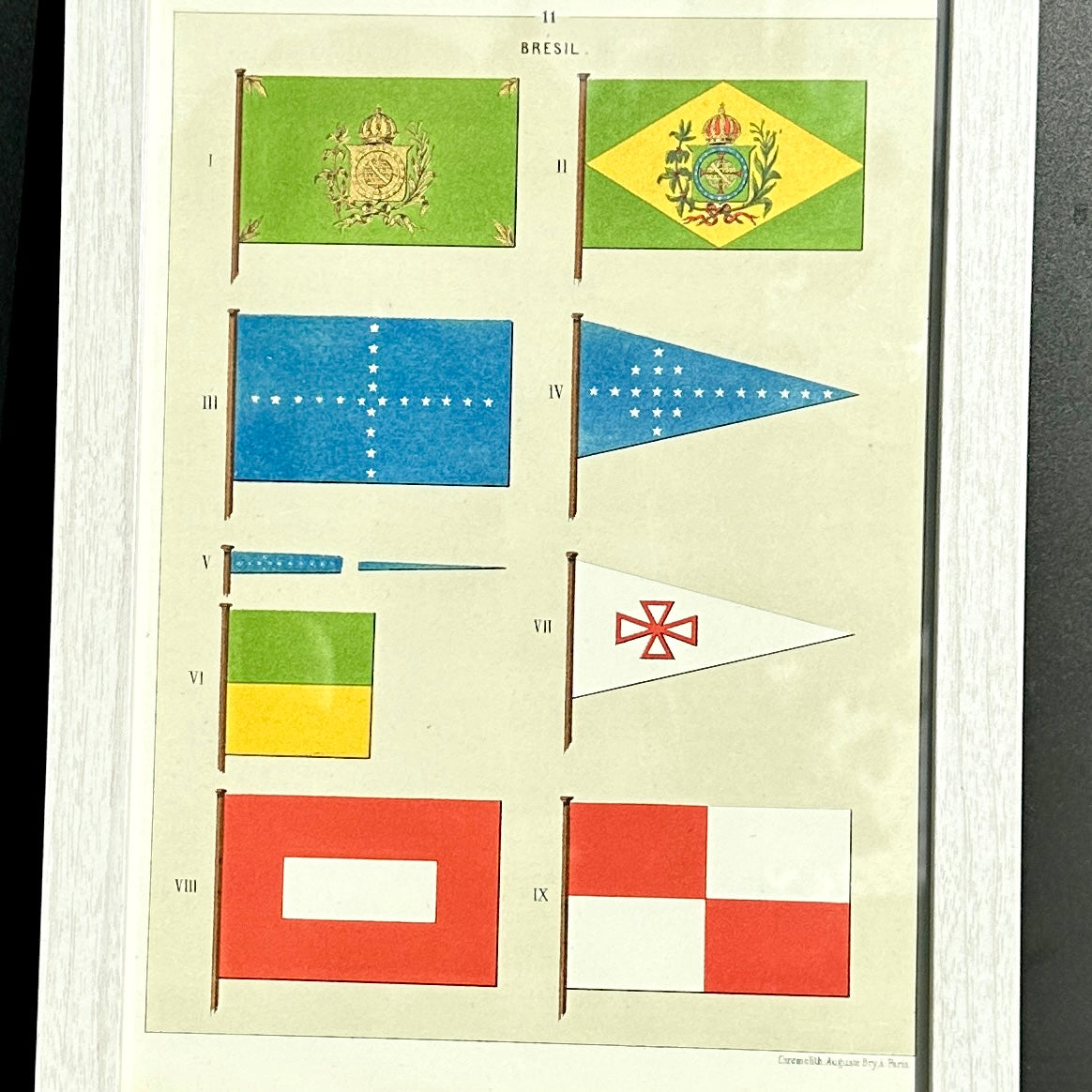 Chromolithographie - encadrée - Fanions et drapeaux de la Marine du Brésil du 19ème siècle