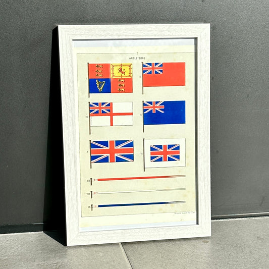 Chromolithographie - encadrée - Fanions et drapeaux de la Marine D'Angleterre du 19ème siècle