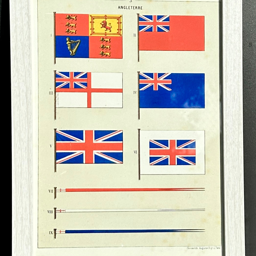 Chromolithographie - encadrée - Fanions et drapeaux de la Marine D'Angleterre du 19ème siècle