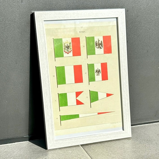Chromolithographie - encadrée - Fanions et drapeaux de la Marine du Mexique du 19ème siècle