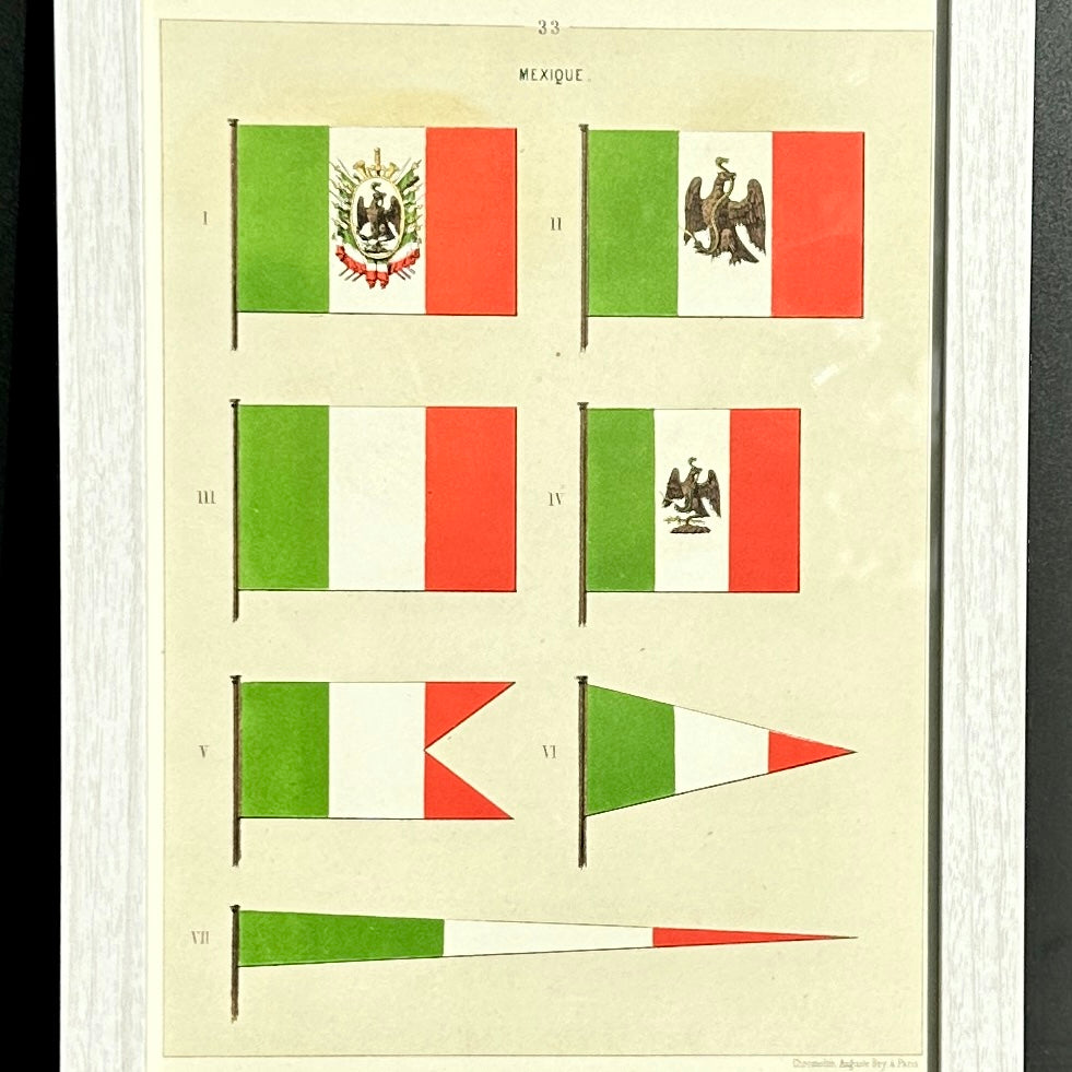 Chromolithographie - encadrée - Fanions et drapeaux de la Marine du Mexique du 19ème siècle