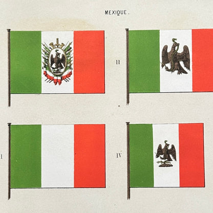 Chromolithographie - encadrée - Fanions et drapeaux de la Marine du Mexique du 19ème siècle