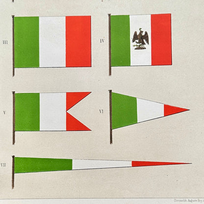 Chromolithographie - encadrée - Fanions et drapeaux de la Marine du Mexique du 19ème siècle