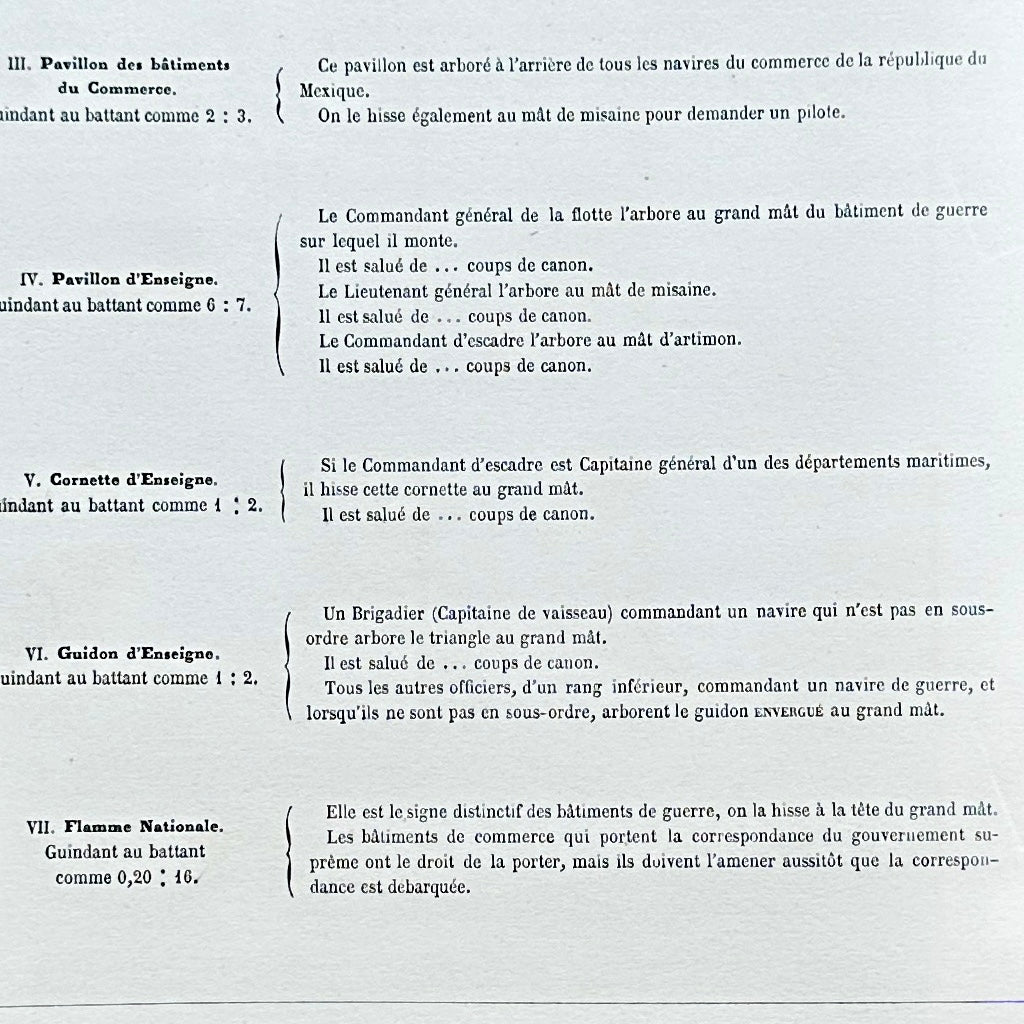 Chromolithographie - encadrée - Fanions et drapeaux de la Marine du Mexique du 19ème siècle