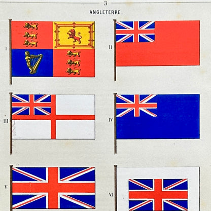 Chromolithographie - encadrée - Fanions et drapeaux de la Marine D'Angleterre du 19ème siècle