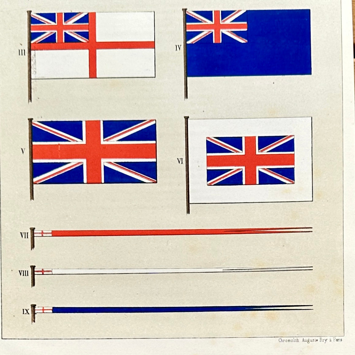 Chromolithographie - encadrée - Fanions et drapeaux de la Marine D'Angleterre du 19ème siècle