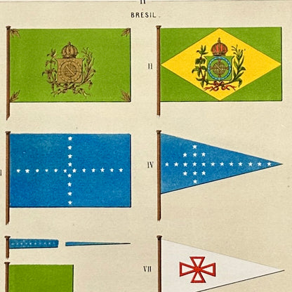 Chromolithographie - encadrée - Fanions et drapeaux de la Marine du Brésil du 19ème siècle