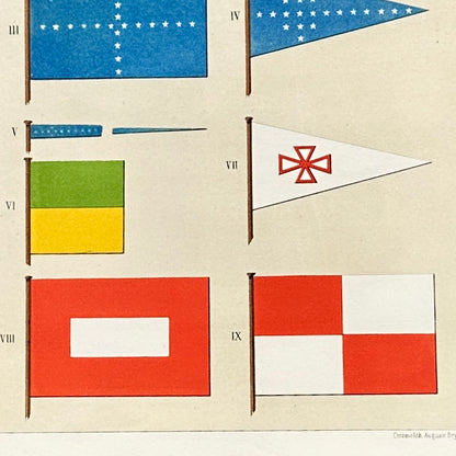 Chromolithographie - encadrée - Fanions et drapeaux de la Marine du Brésil du 19ème siècle