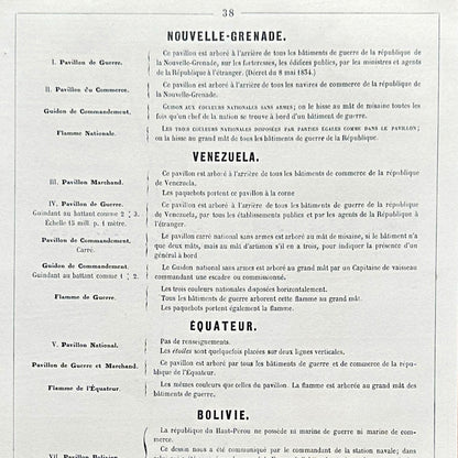 Chromolithographie - encadrée - Fanions et drapeaux de la Marine de Pays d’Amérique du Sud du 19ème siècle