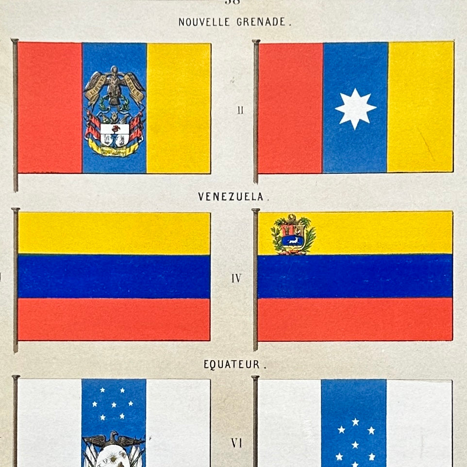 Chromolithographie - encadrée - Fanions et drapeaux de la Marine de Pays d’Amérique du Sud du 19ème siècle