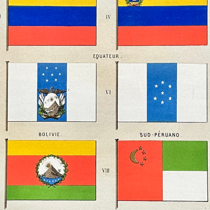 Chromolithographie - encadrée - Fanions et drapeaux de la Marine de Pays d’Amérique du Sud du 19ème siècle