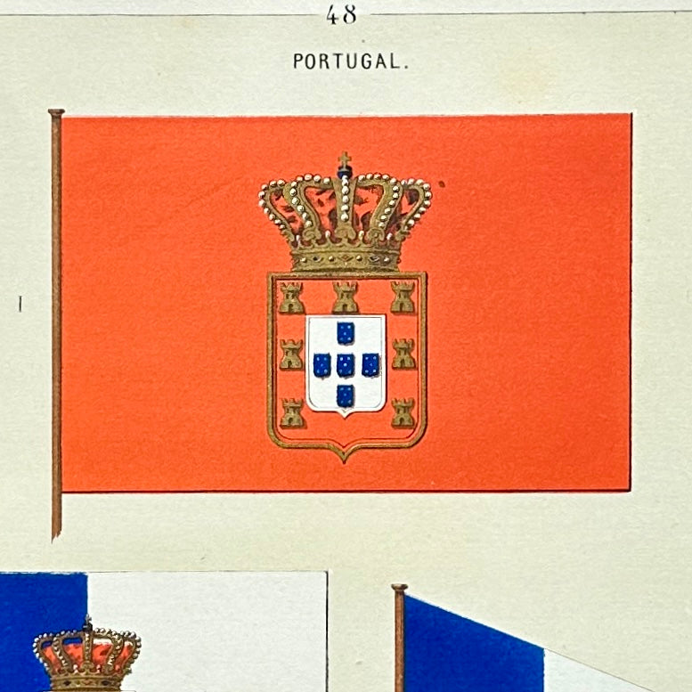 Chromolithographie - encadrée - Fanions et drapeaux de la Marine du Portugal du 19ème siècle