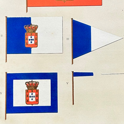 Chromolithographie - encadrée - Fanions et drapeaux de la Marine du Portugal du 19ème siècle