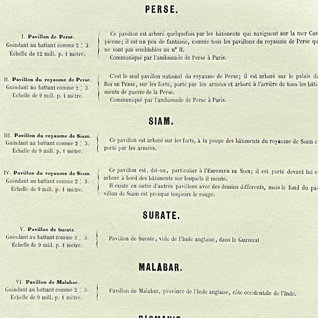 Chromolithographie - encadrée - Fanions et drapeaux de la Marine de la Perse, du Siam et divers territoires du 19ème siècle