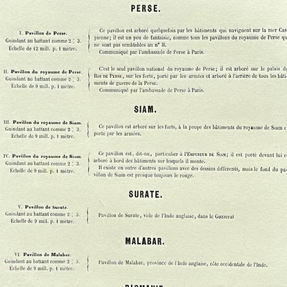 Chromolithographie - encadrée - Fanions et drapeaux de la Marine de la Perse, du Siam et divers territoires du 19ème siècle