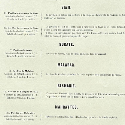 Chromolithographie - encadrée - Fanions et drapeaux de la Marine de la Perse, du Siam et divers territoires du 19ème siècle