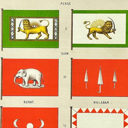 Chromolithographie - encadrée - Fanions et drapeaux de la Marine de la Perse, du Siam et divers territoires du 19ème siècle