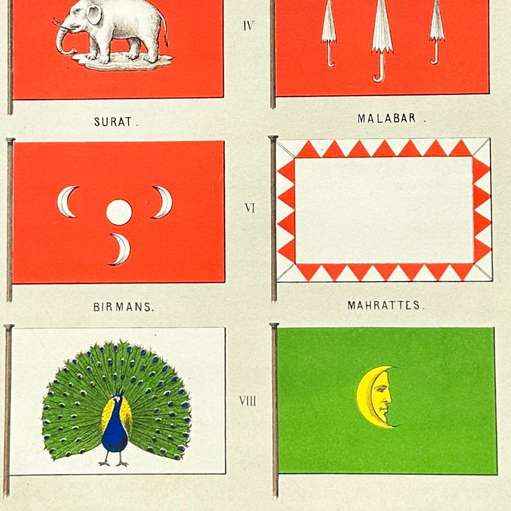 Chromolithographie - encadrée - Fanions et drapeaux de la Marine de la Perse, du Siam et divers territoires du 19ème siècle