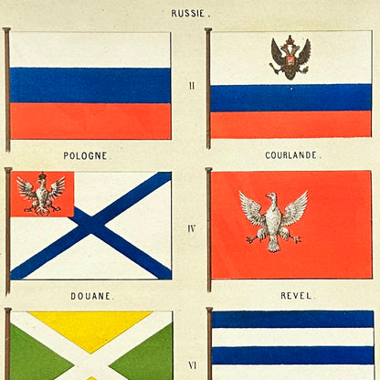 Chromolithographie - encadrée - Fanions et drapeaux de la Marine Russe du 19ème siècle