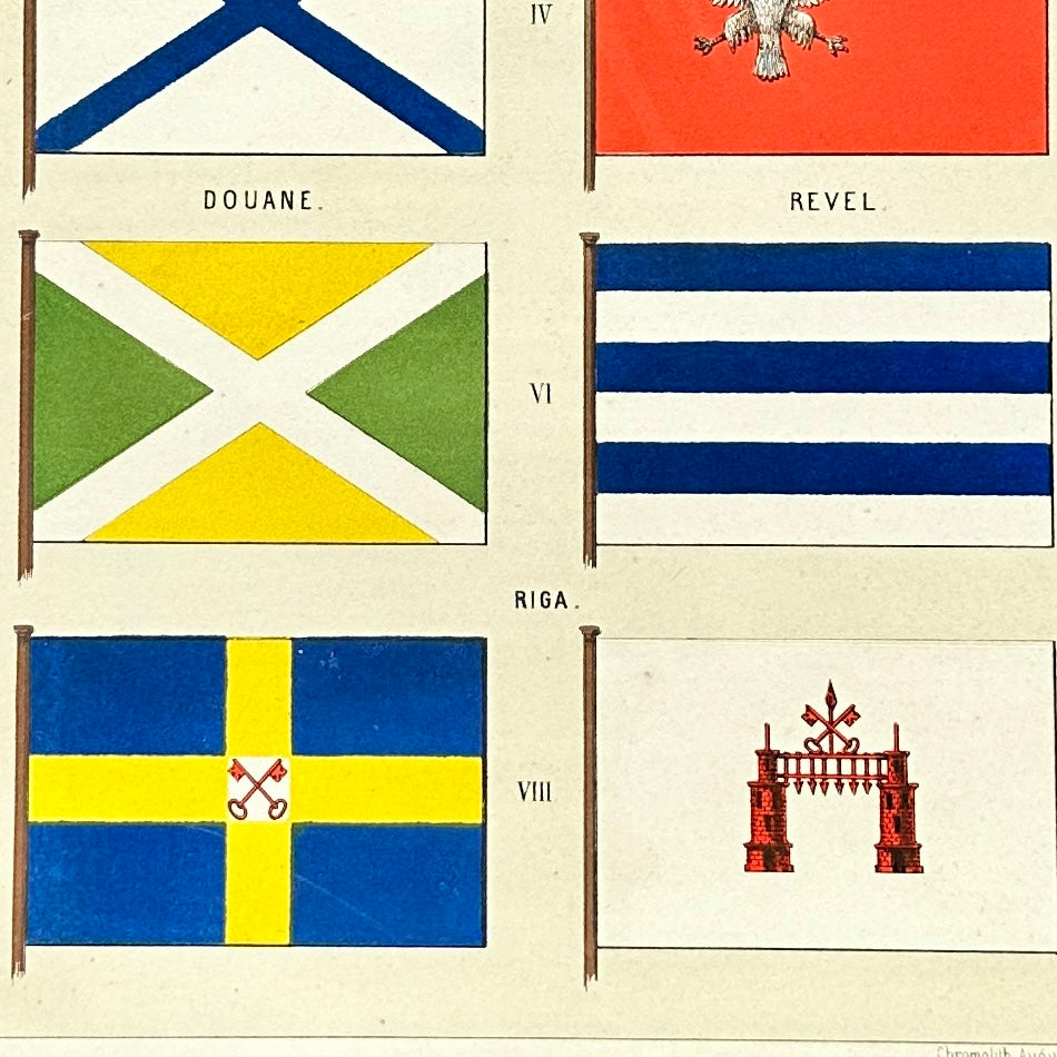 Chromolithographie - encadrée - Fanions et drapeaux de la Marine Russe du 19ème siècle