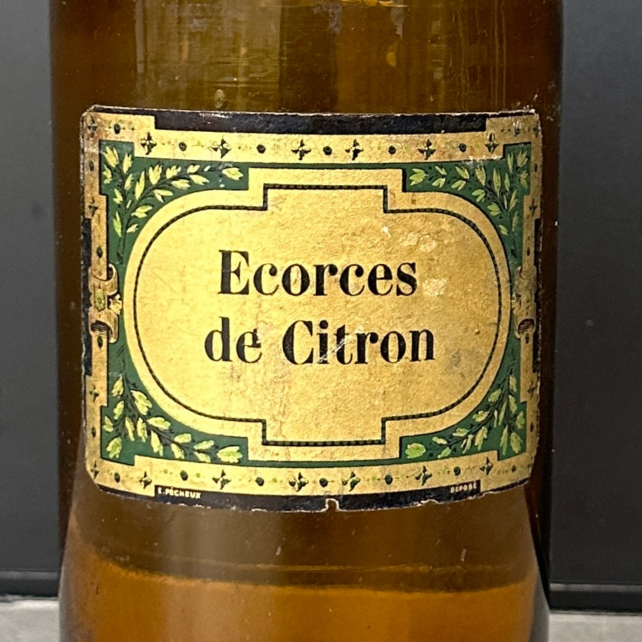Pot à Pharmacie en Verre Ambré avec Bouchon en Bakélite Verte à Motifs - Etiquette "écorces de citron"