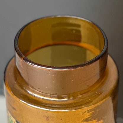 Pot à Pharmacie en Verre Ambré avec Bouchon en Bakélite Verte à Motifs - Etiquette "écorces de citron"