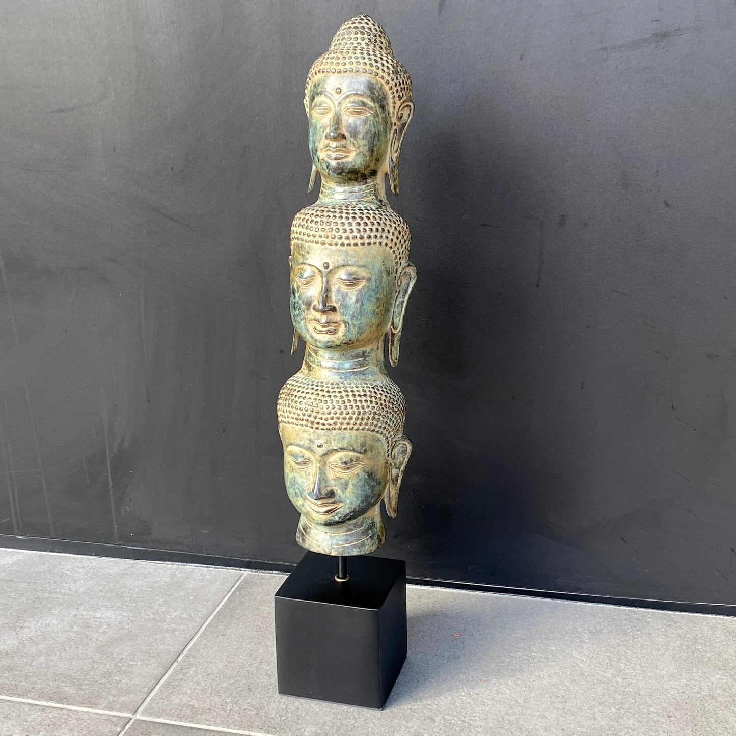 Statue bronze - 3 têtes de bouddha sur socle