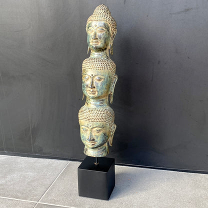 Statue bronze - 3 têtes de bouddha sur socle