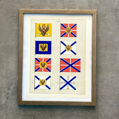 Chromolithographie - encadrée - Fanions et drapeaux de la Marine Russe du 19ème siècle