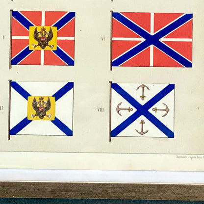 Chromolithographie - encadrée - Fanions et drapeaux de la Marine Russe du 19ème siècle