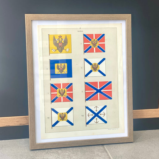 Chromolithographie - encadrée - Fanions et drapeaux de la Marine Russe du 19ème siècle